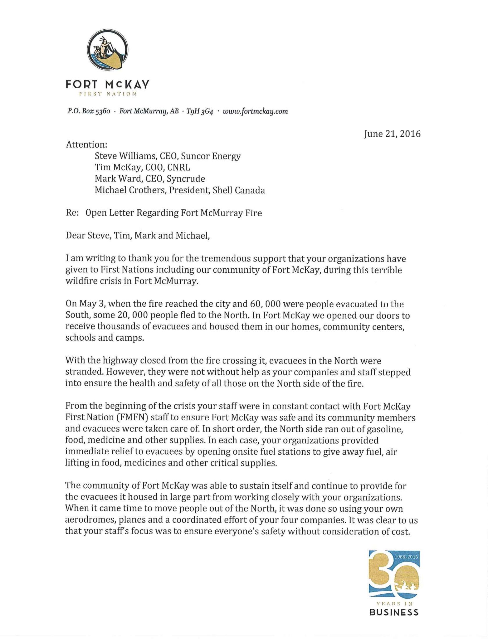 Chief Bouchier - Fort McMurray Fire - Open Letter to CNRL, Shell, Syncrude, Suncor (a)