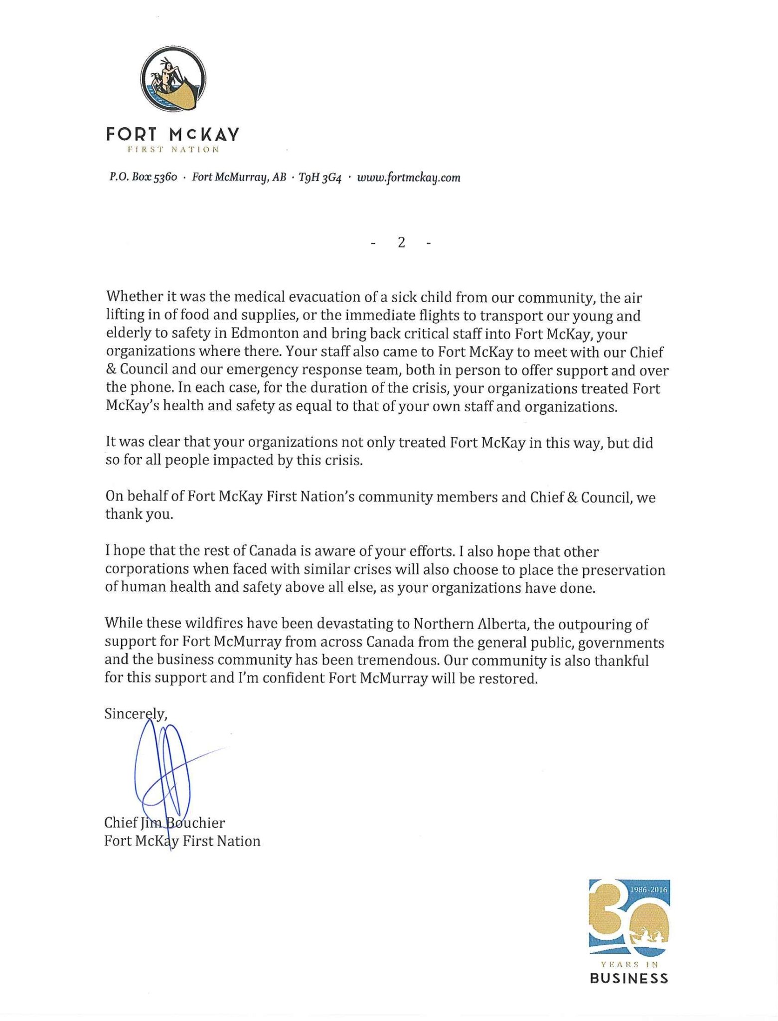 Chief Bouchier - Fort McMurray Fire - Open Letter to CNRL, Shell, Syncrude, Suncor (b)
